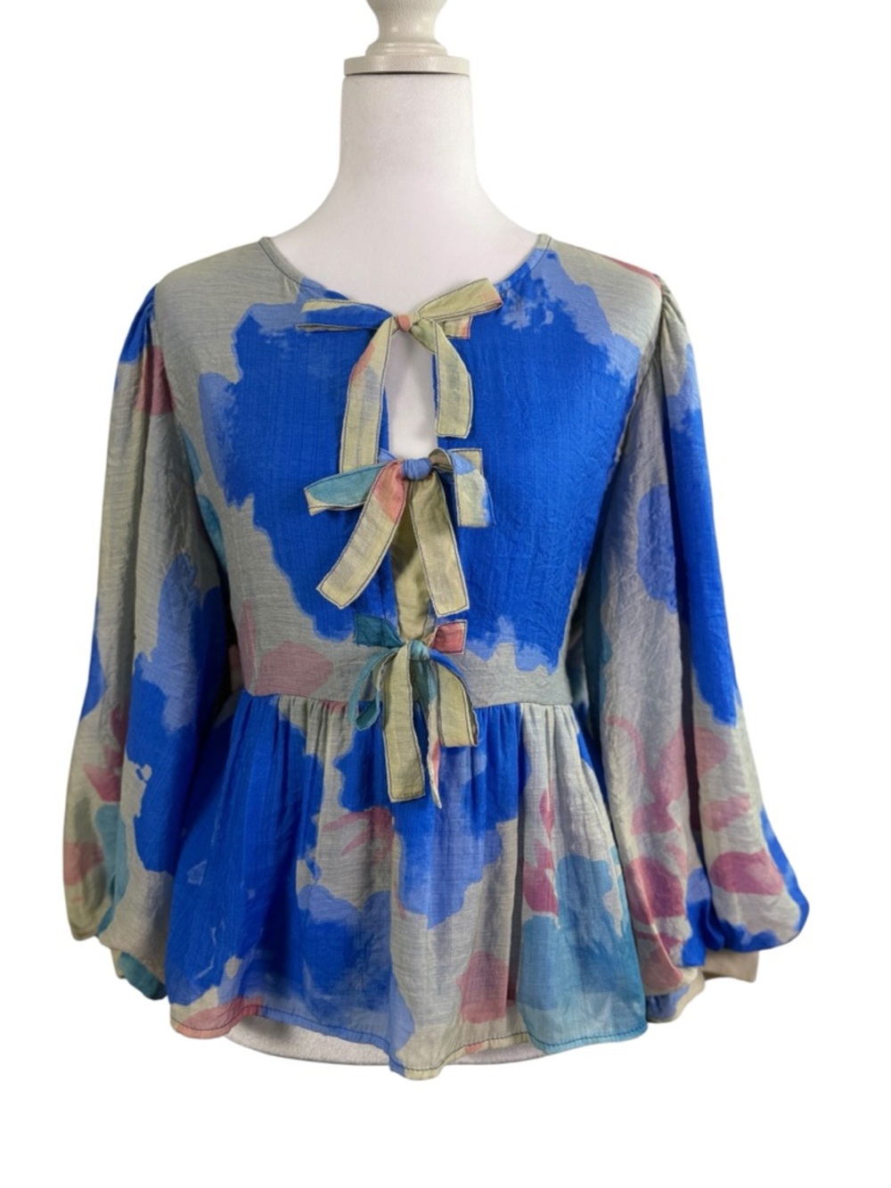 Hudson Gray Abstract Blue Tunic Top Large Artsy Boho Peplum Bow Blouse